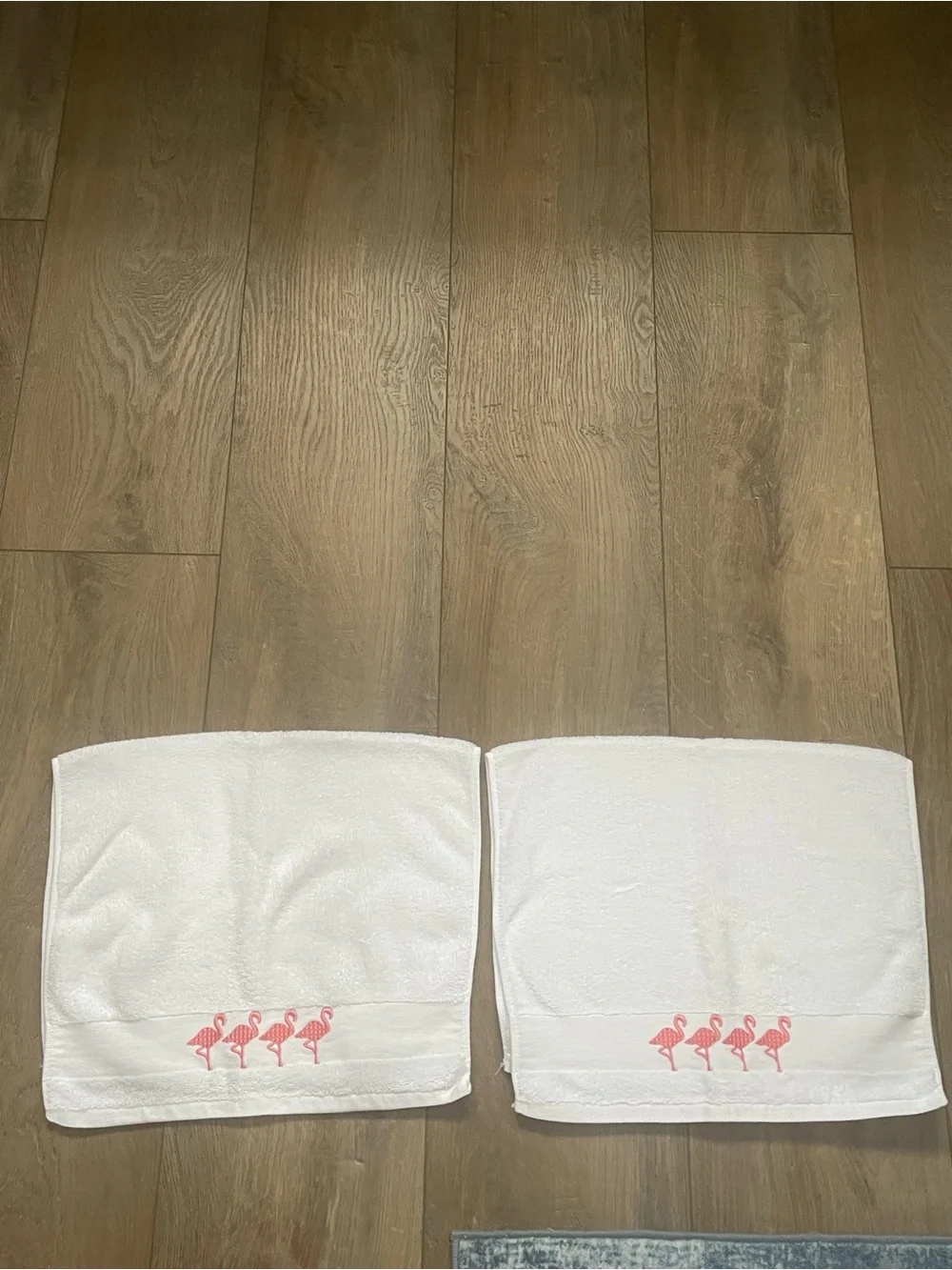White hand Towel with Pink Flamingo Embroidery